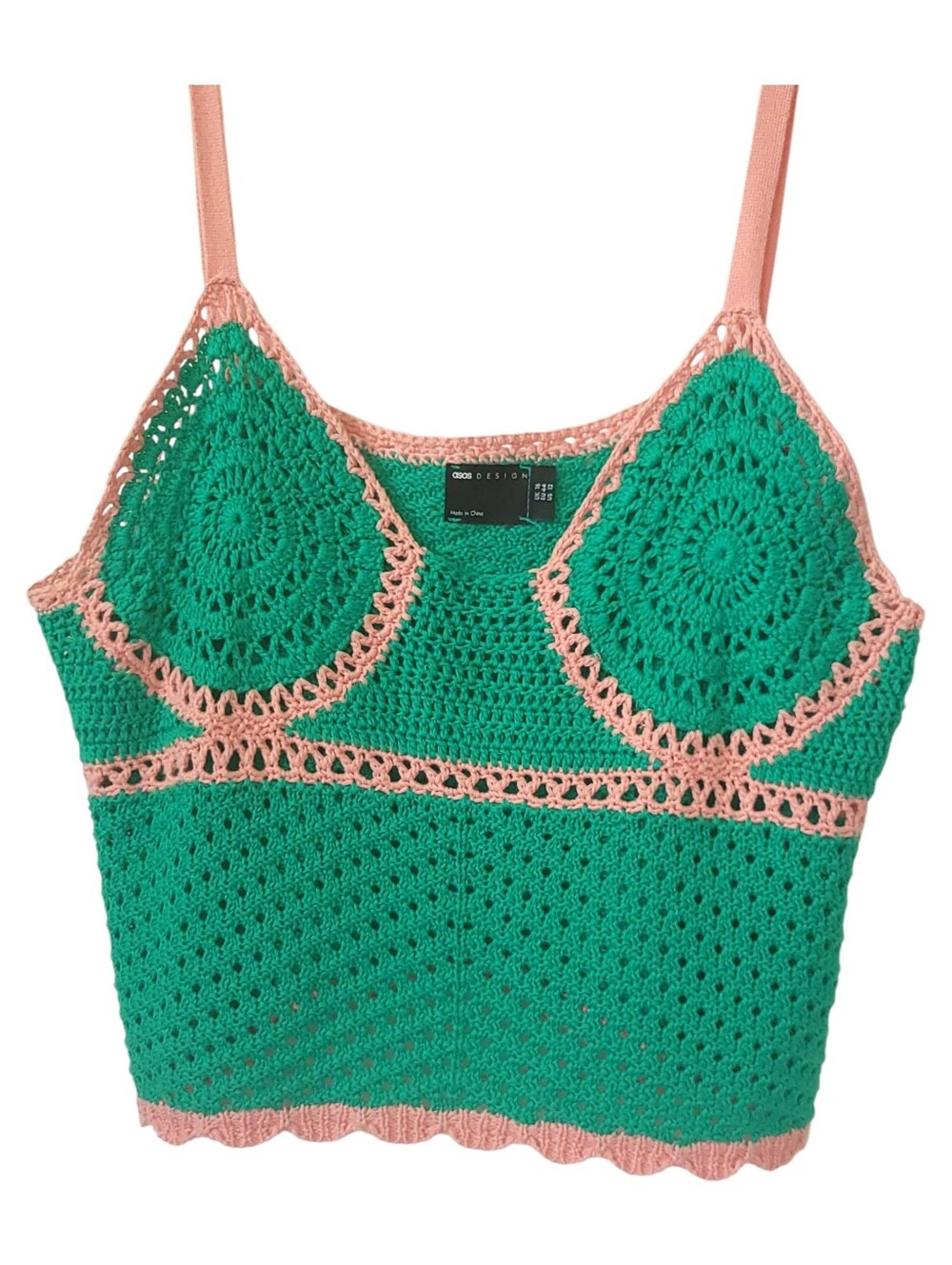 ASOS DESIGN Crochet Crop Top US 12 Pink Green Y2K Festival Boho Cami - Picture 2 of 13